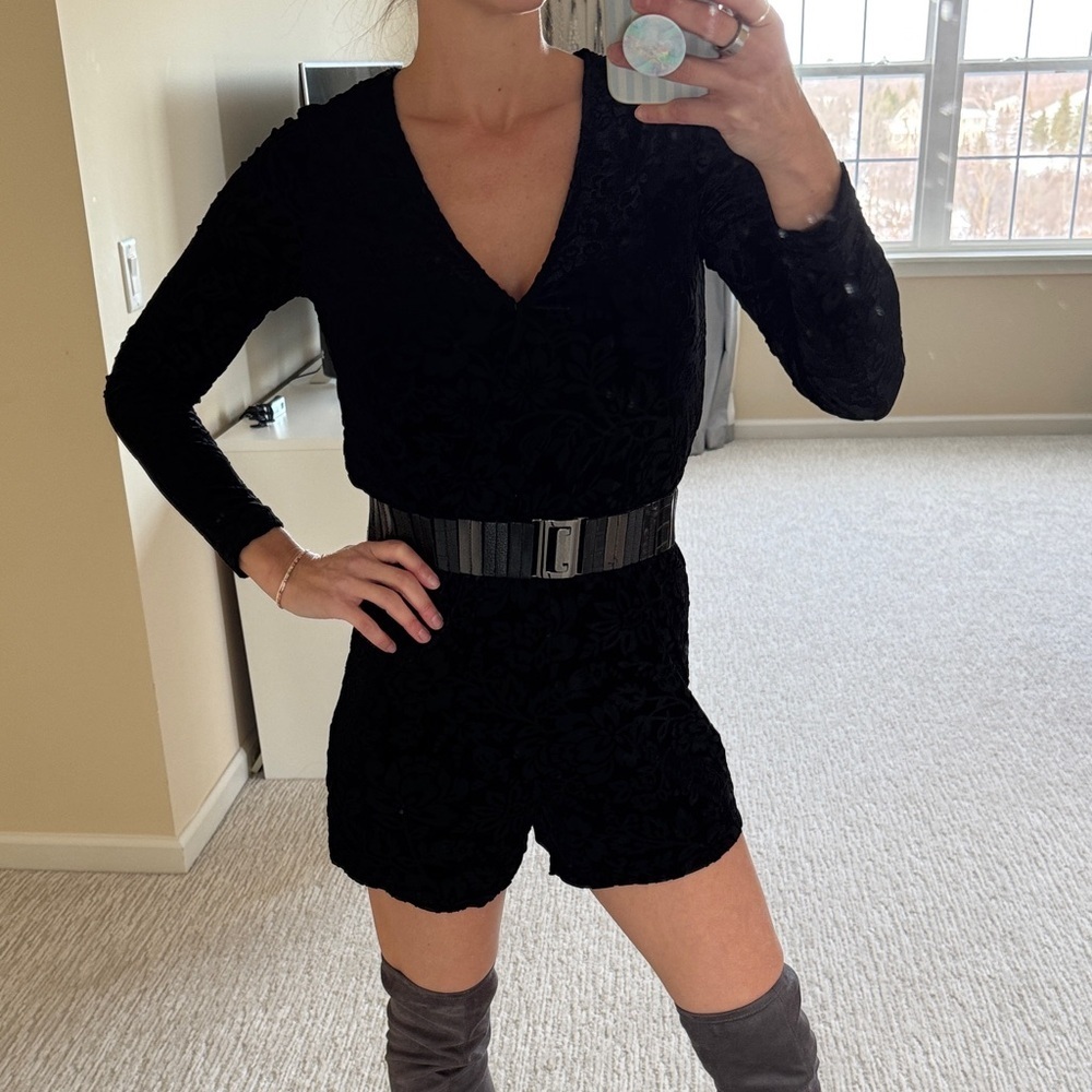 Saylor Black Long Sleeve velvet floral Romper with Belt